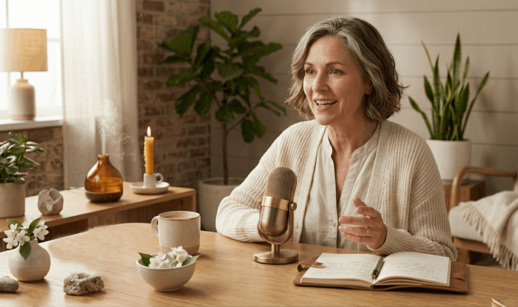 A confident woman talking content strategy on a podcast