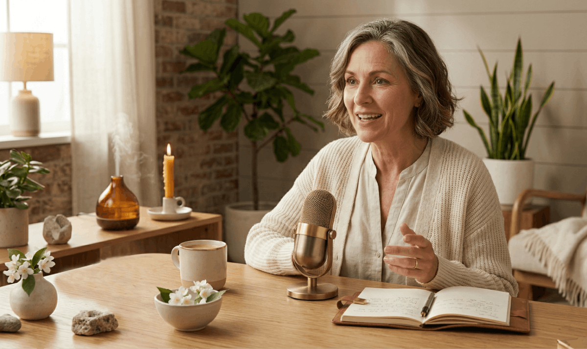 A confident woman talking content strategy on a podcast