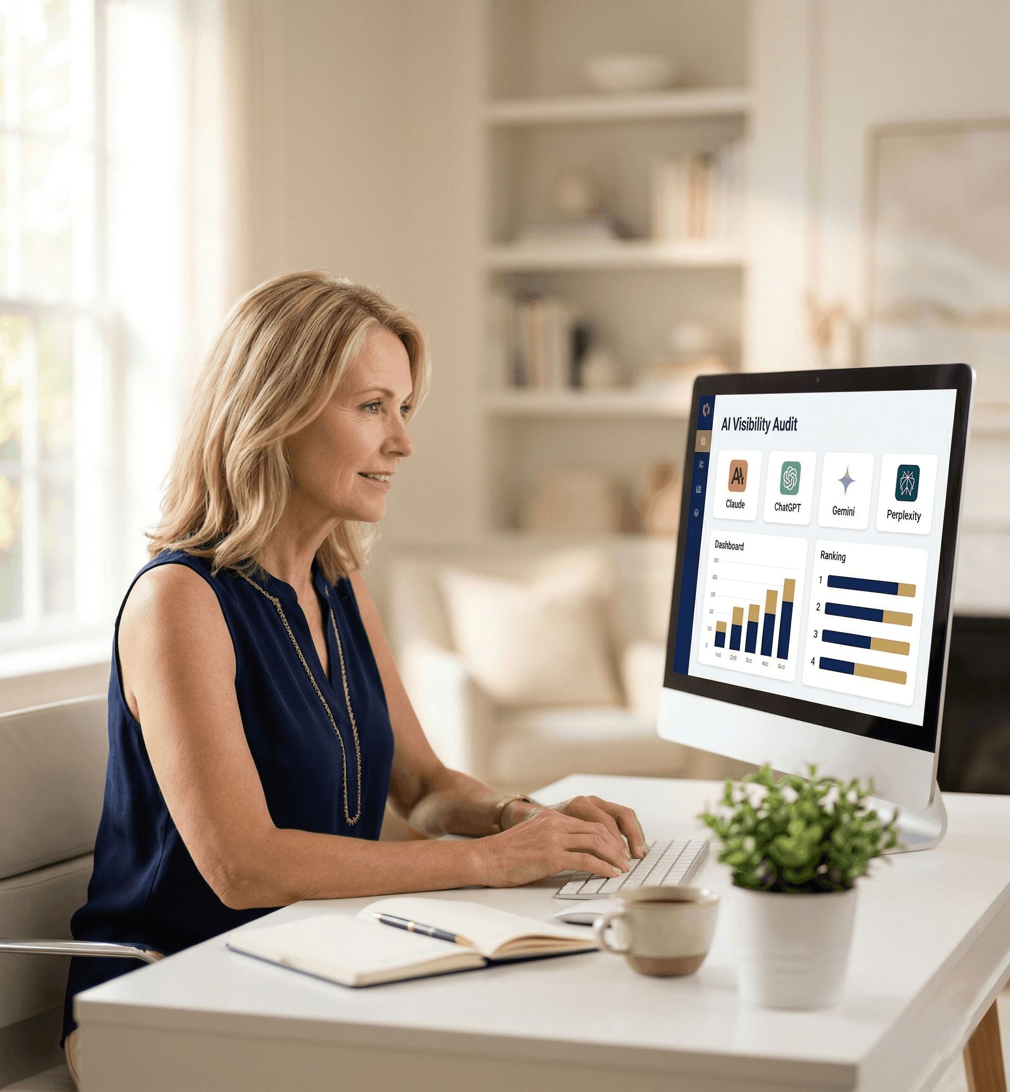 woman sitting at computer working on a free ai visibility audit for a client